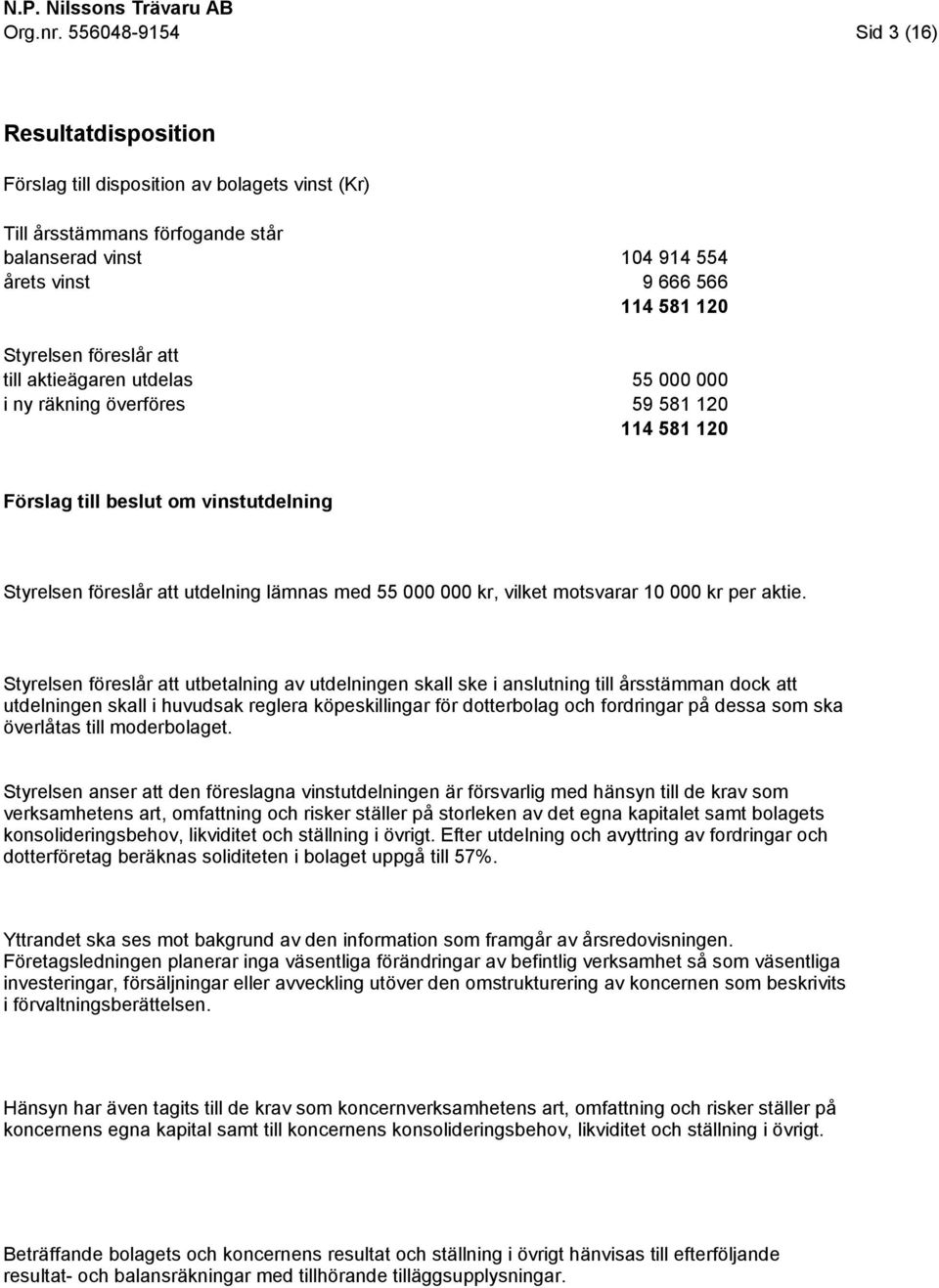 utdelas i ny räkning överföres 104 914 554 9 666 566 114 581 120 55 000 000 59 581 120 114 581 120 Förslag till beslut om vinstutdelning Styrelsen föreslår att utdelning lämnas med 55 000 000 kr,