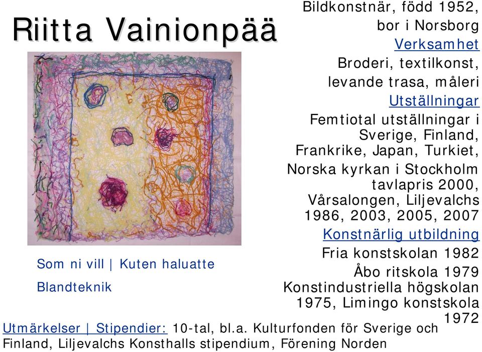 Vårsalongen, Liljevalchs 1986, 2003, 2005, 2007 Konstnärlig utbildning Fria konstskolan 1982 Åbo ritskola 1979 Konstindustriella högskolan 1975,