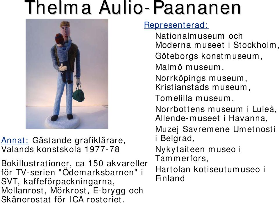 Representerad: Nationalmuseum och Moderna museet i Stockholm, Göteborgs konstmuseum, Malmö museum, Norrköpings museum, Kristianstads