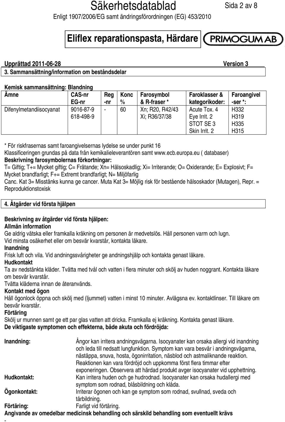 R36/37/38 Faroklasser & kategorikoder: Acute Tox. 4 Eye Irrit. 2 STOT SE 3 Skin Irrit.