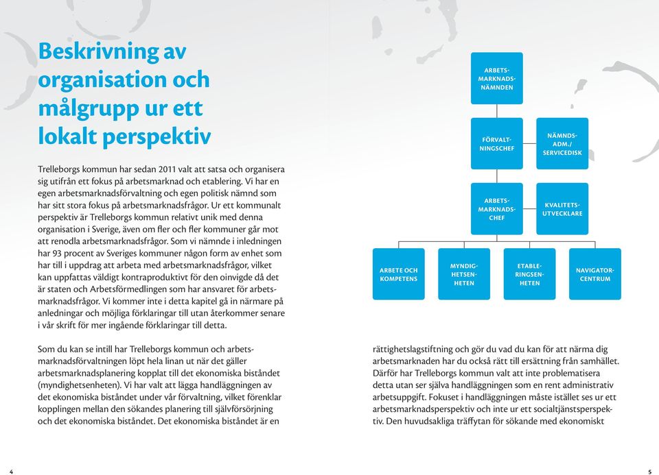 Ur ett kommunalt perspektiv är Trelleborgs kommun relativt unik med denna organisation i Sverige, även om fler och fler kommuner går mot att renodla arbetsmarknadsfrågor.