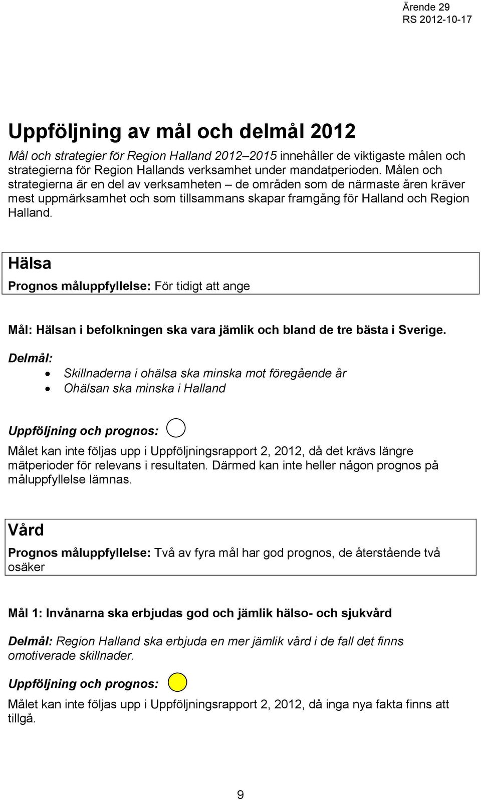 Hälsa Prognos måluppfyllelse: För tidigt att ange Mål: Hälsan i befolkningen ska vara jämlik och bland de tre bästa i Sverige.