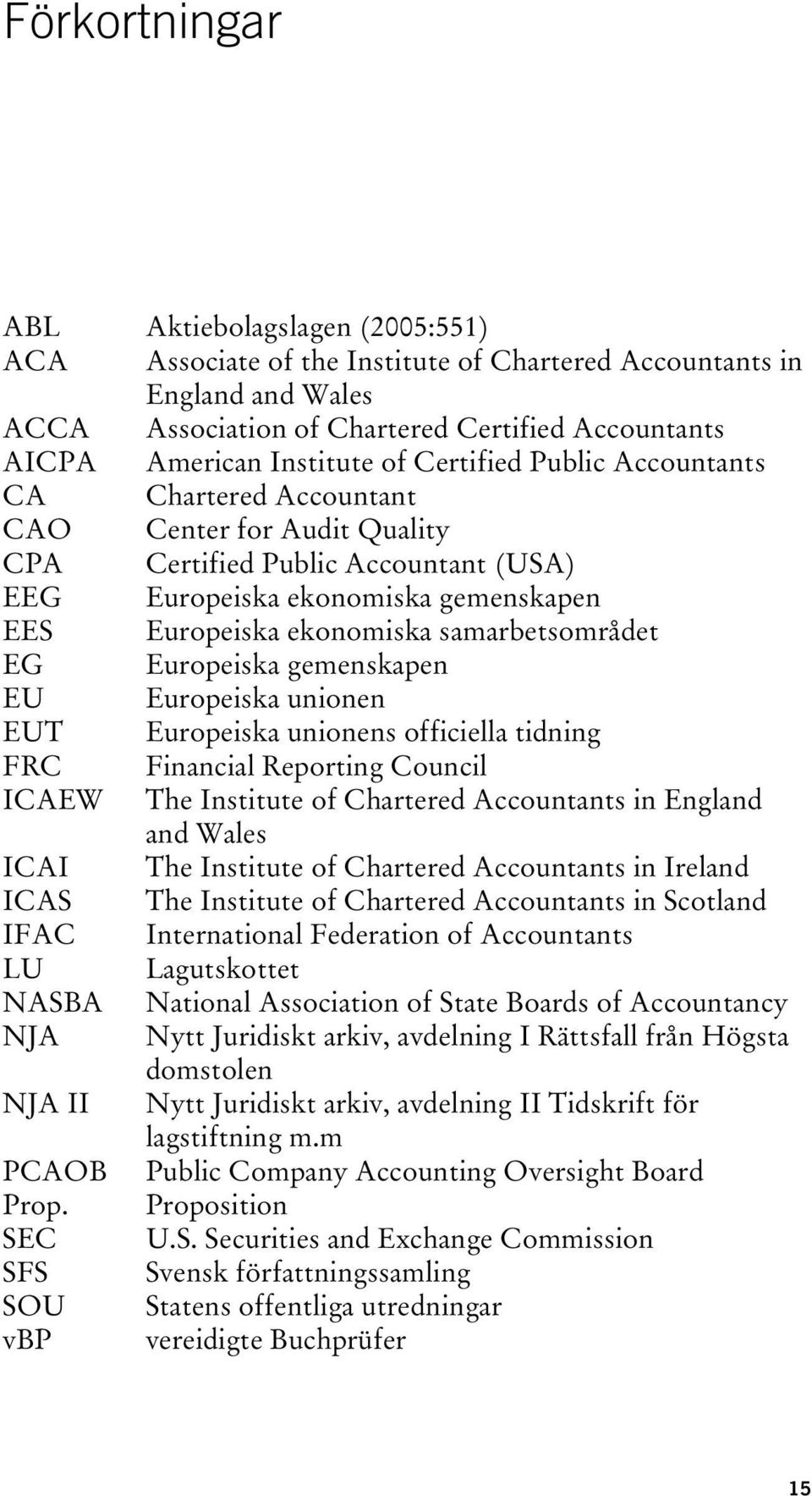 samarbetsområdet EG Europeiska gemenskapen EU Europeiska unionen EUT Europeiska unionens officiella tidning FRC Financial Reporting Council ICAEW The Institute of Chartered Accountants in England and