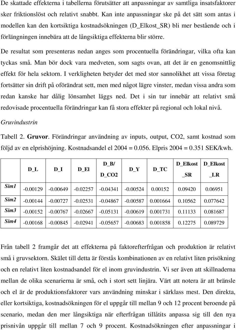 De resultat som presenteras nedan anges som procentuella förändringar, vilka ofta kan tyckas små. Man bör dock vara medveten, som sagts ovan, att det är en genomsnittlig effekt för hela sektorn.