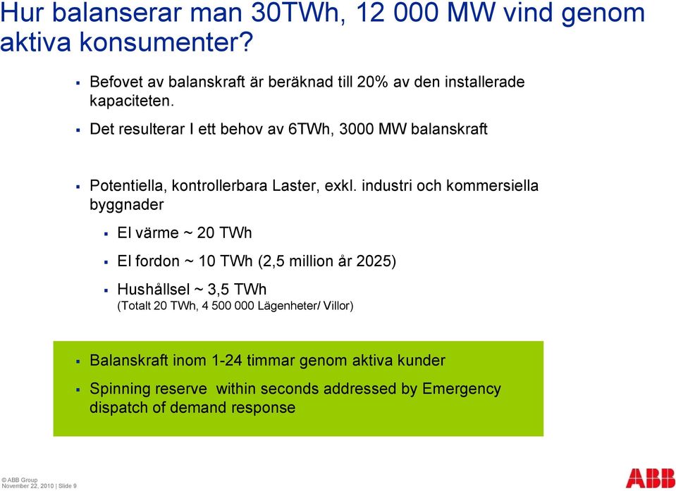 Det resulterar I ett behov av 6TWh, 3000 MW balanskraft Potentiella, kontrollerbara Laster, exkl.