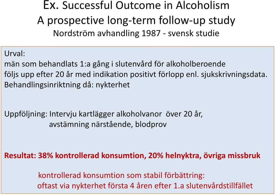 Behandlingsinriktning då: nykterhet Uppföljning: Intervju kartlägger alkoholvanor över 20 år, avstämning närstående, blodprov Resultat: 38%