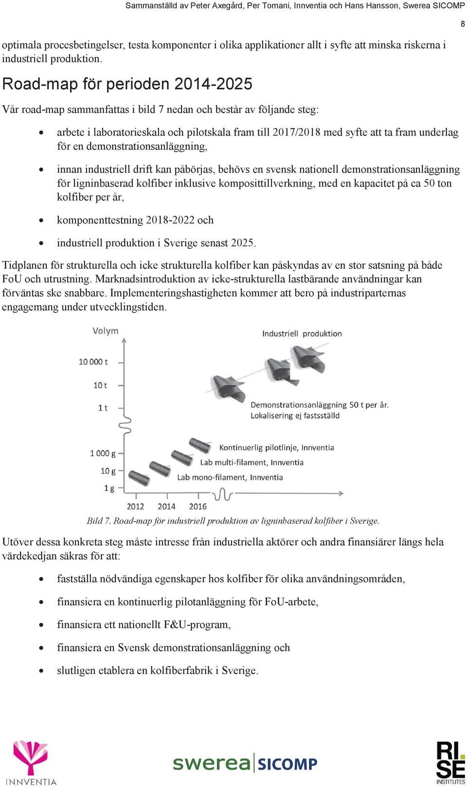 en demonstrationsanläggning, innan industriell drift kan påbörjas, behövs en svensk nationell demonstrationsanläggning för ligninbaserad kolfiber inklusive komposittillverkning, med en kapacitet på