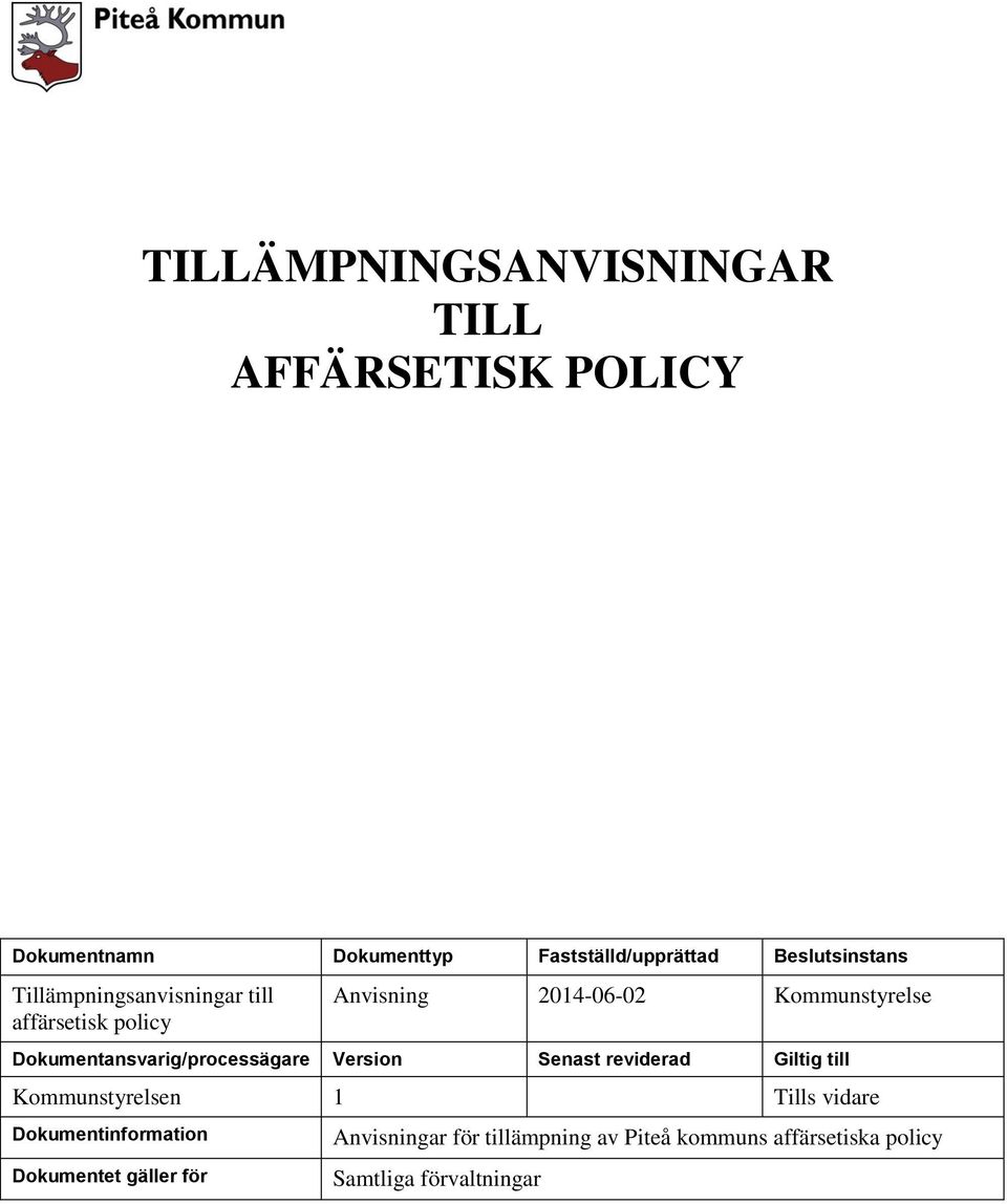 Dokumentansvarig/processägare Version Senast reviderad Giltig till Kommunstyrelsen 1 Tills vidare