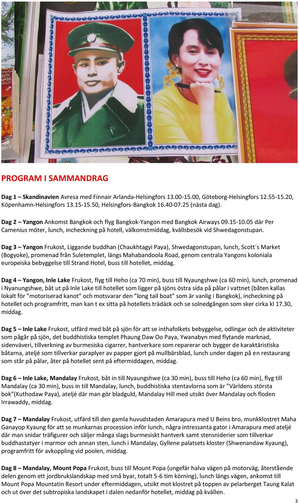 05 där Per Camenius möter, lunch, incheckning på hotell, välkomstmiddag, kvällsbesök vid Shwedagonstupan.