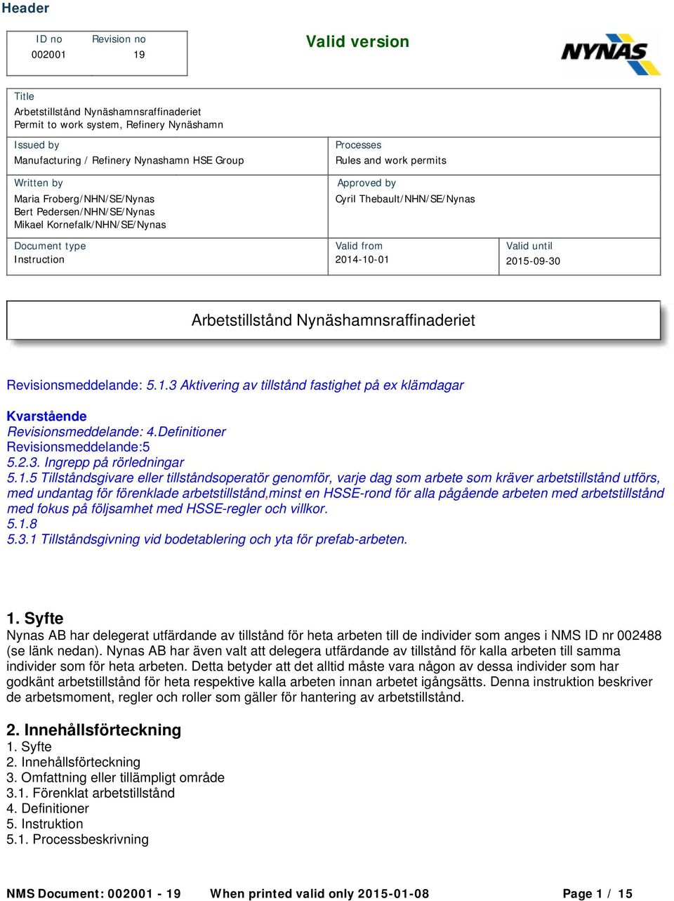 Instruction 2014-10-01 2015-09-30 Arbetstillstånd Nynäshamnsraffinaderiet Revisionsmeddelande: 5.1.3 Aktivering av tillstånd fastighet på ex klämdagar Kvarstående Revisionsmeddelande: 4.