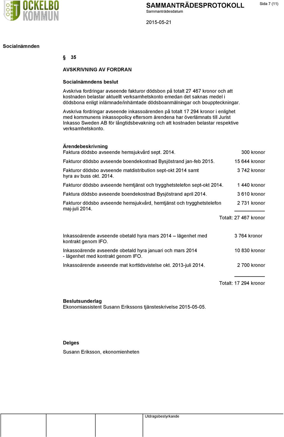 Avskriva fordringar avseende inkassoärenden på totalt 17 294 kronor i enlighet med kommunens inkassopolicy eftersom ärendena har överlämnats till Jurist Inkasso Sweden AB för långtidsbevakning och