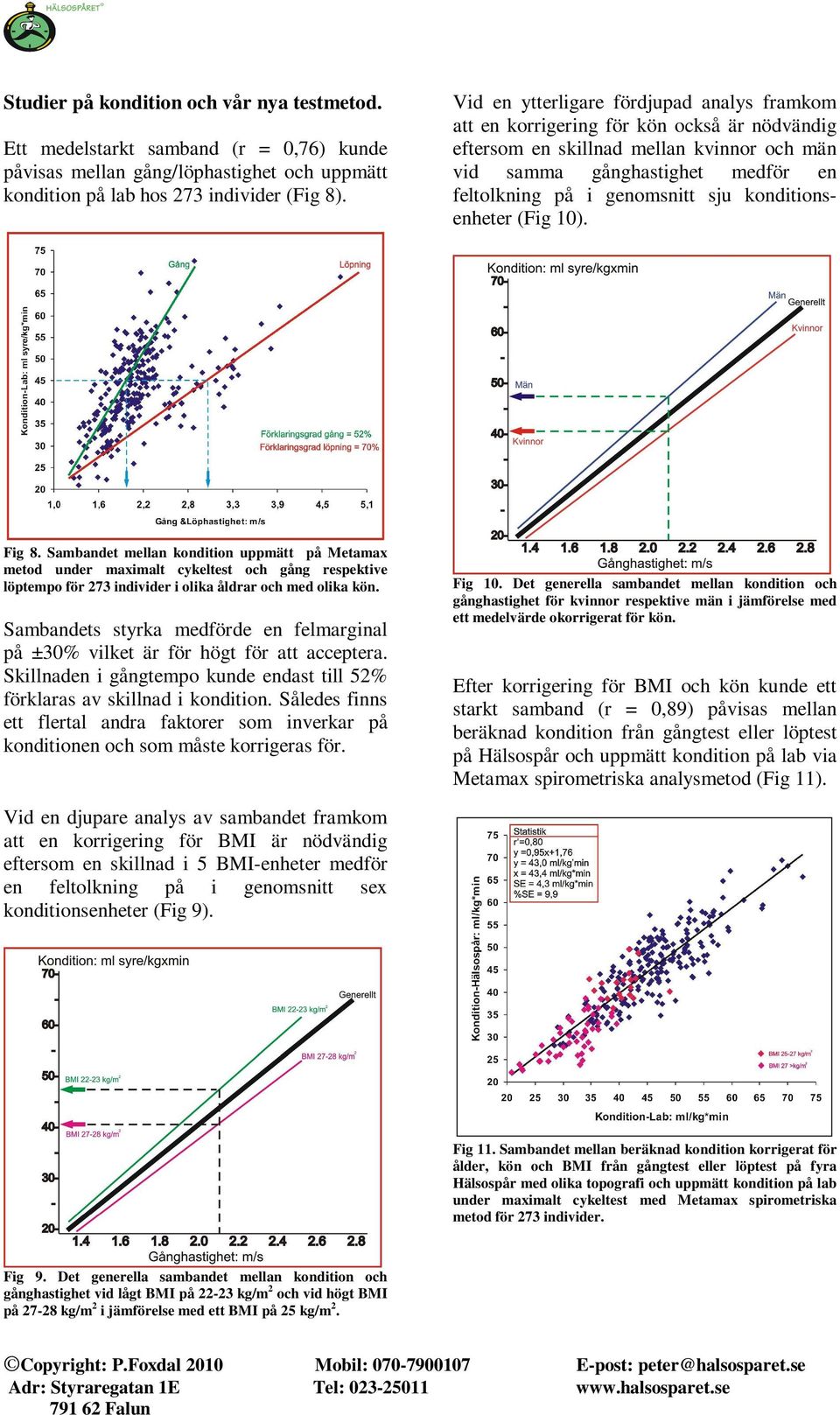 konditionsenheter (Fig 10). Fig 8. Sambandet mellan kondition uppmätt på Metamax metod under maximalt cykeltest och gång respektive löptempo för 273 individer i olika åldrar och med olika kön.