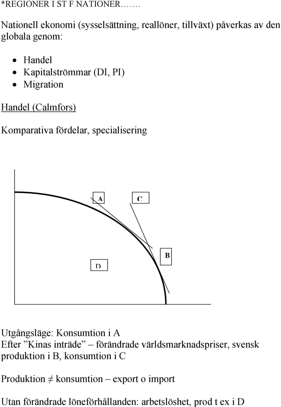 (DI, PI) Migration Handel (Calmfors) Komparativa fördelar, specialisering A C D B Utgångsläge: Konsumtion i A