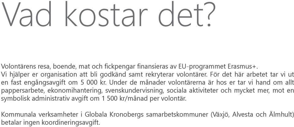 Under de månader volontärerna är hos er tar vi hand om allt pappersarbete, ekonomihantering, svenskundervisning, sociala aktiviteter och mycket