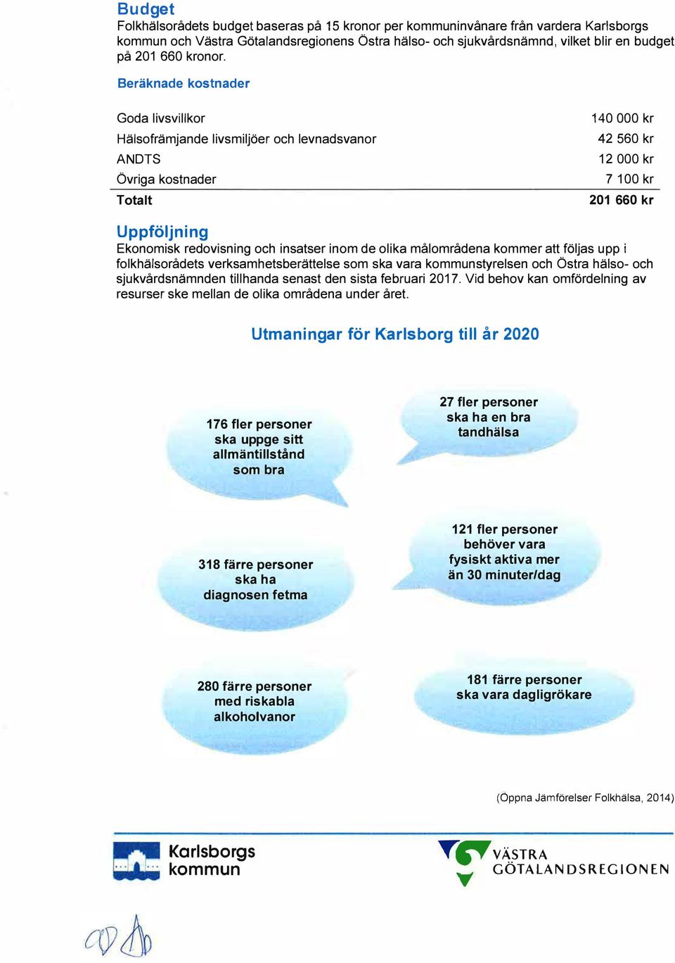 Beräknade kostnader Goda livsvillkor Hälsofrämjande livsmiljöer och levnadsvanor ANDTS Övriga kostnader Totalt 140 000 kr 42560 kr 12 000 kr 7 100 kr 201 660 kr Uppföljning Ekonomisk redovisning och