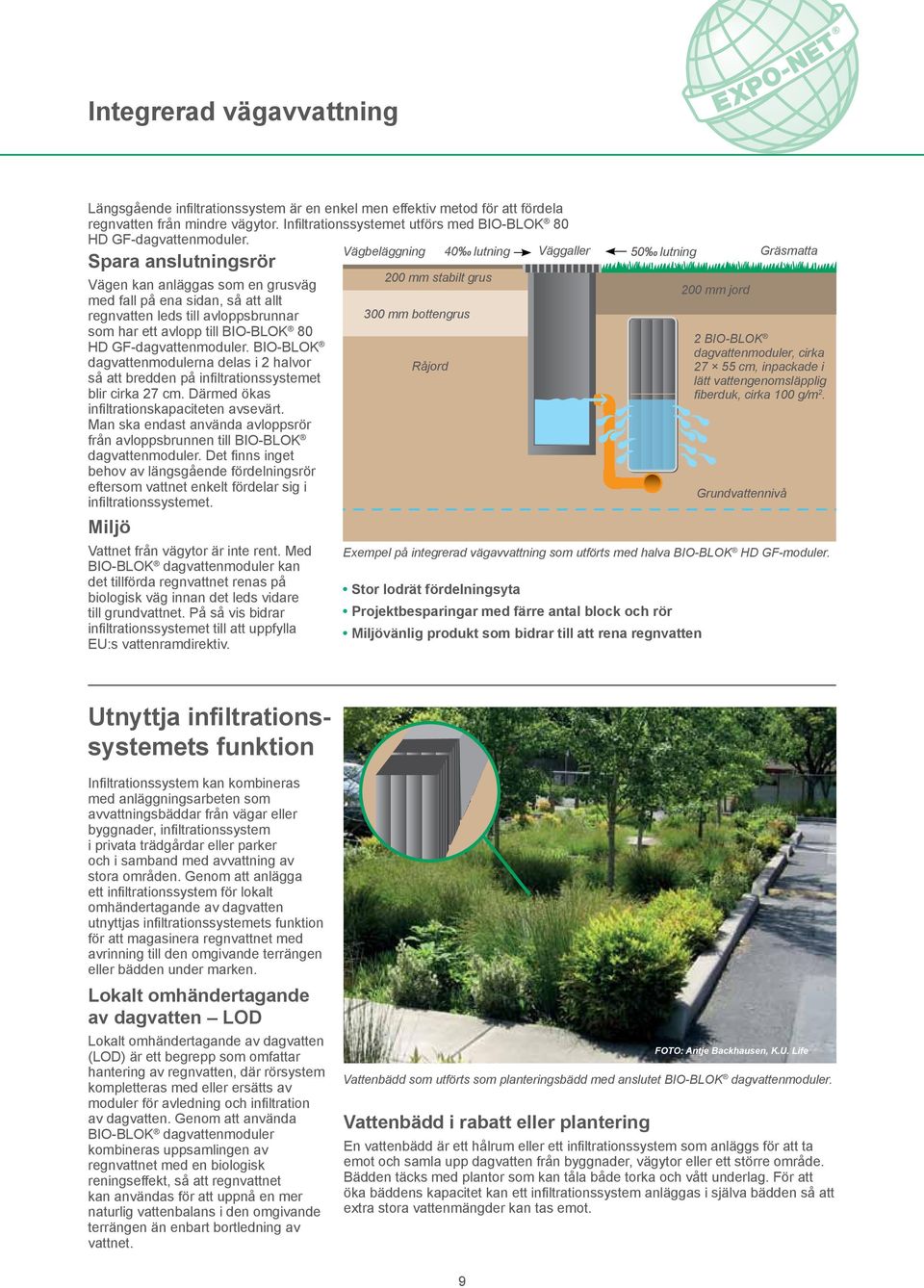 Vägbeläggning 40 lutning Väggaller Spara anslutningsrör Vägen kan anläggas som en grusväg med fall på ena sidan, så att allt regnvatten leds till avloppsbrunnar som har ett avlopp till BIO-BLOK 80 HD