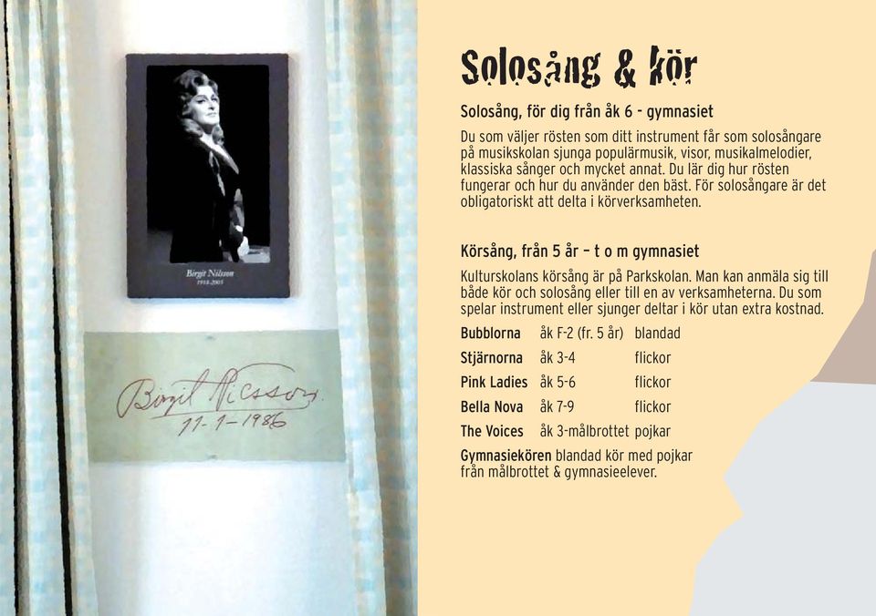 Körsång, från 5 år t o m gymnasiet Kulturskolans körsång är på Parkskolan. Man kan anmäla sig till både kör och solosång eller till en av verksamheterna.