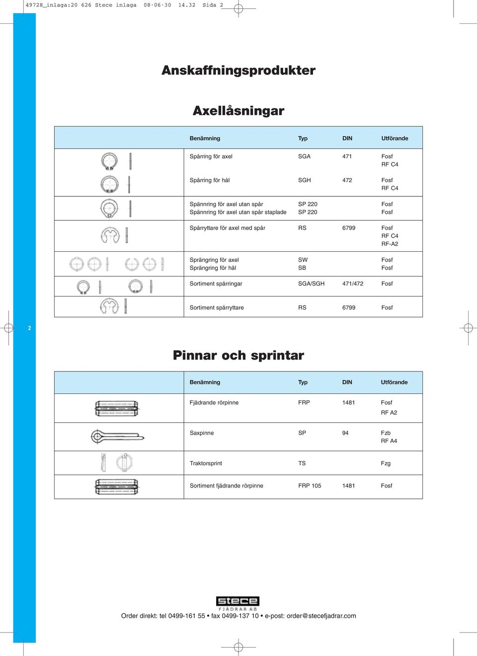 axel utan spår SP 220 Fosf Spännring för axel utan spår staplade SP 220 Fosf Spårryttare för axel med spår RS 6799 Fosf RF C4 RF-A2 Sprängring för axel SW Fosf