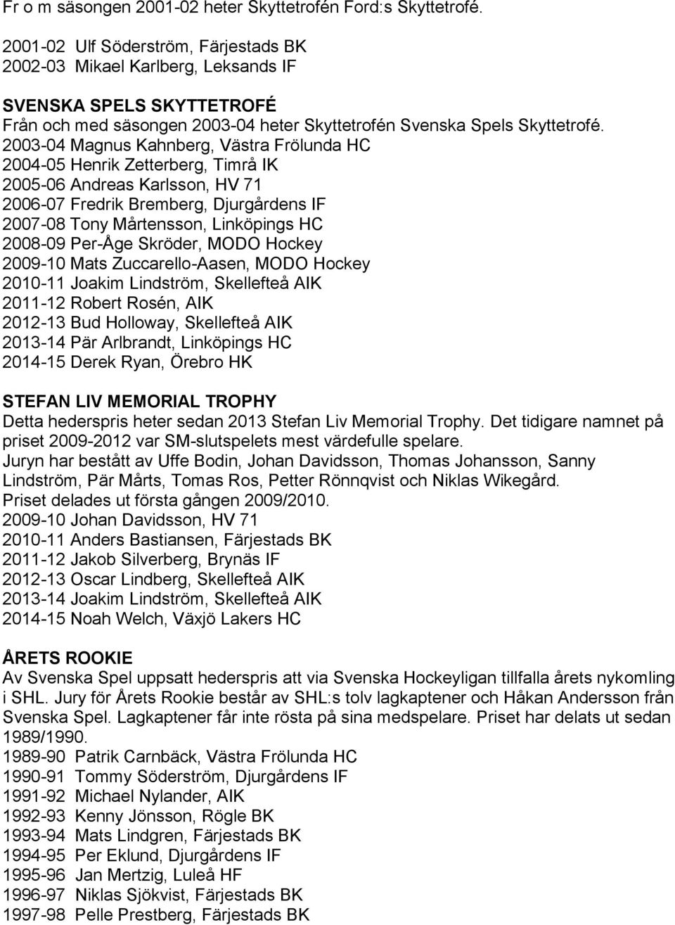 2003-04 Magnus Kahnberg, Västra Frölunda HC 2004-05 Henrik Zetterberg, Timrå IK 2005-06 Andreas Karlsson, HV 71 2006-07 Fredrik Bremberg, Djurgårdens IF 2007-08 Tony Mårtensson, Linköpings HC 2008-09