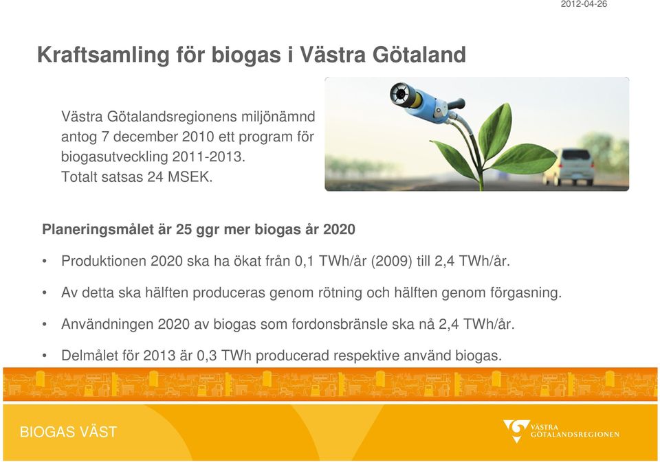 Planeringsmålet är 25 ggr mer biogas år 2020 Produktionen 2020 ska ha ökat från 0,1 TWh/år (2009) till 2,4 TWh/år.