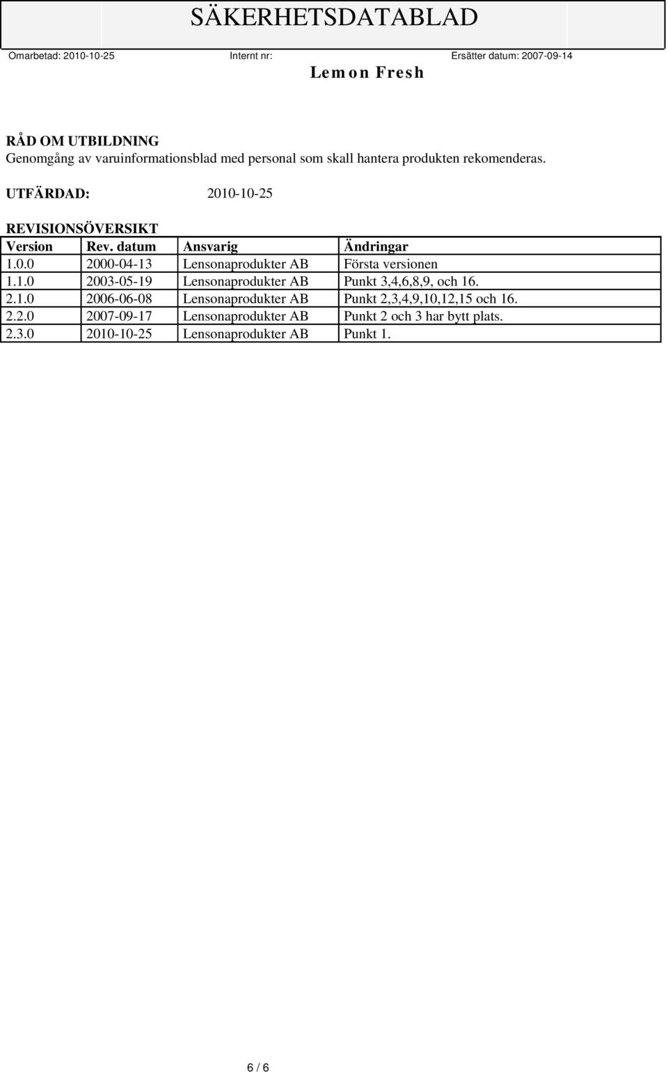 1.0 2003-05-19 Lensonaprodukter AB Punkt 3,4,6,8,9, och 16. 2.1.0 2006-06-08 Lensonaprodukter AB Punkt 2,3,4,9,10,12,15 och 16.