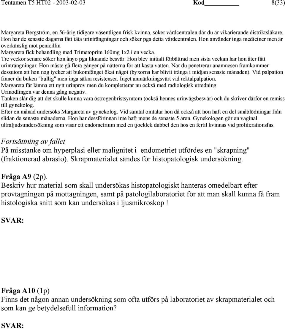 Hon använder inga mediciner men är överkänslig mot penicillin Margareta fick behandling med Trimetoprim 160mg 1x2 i en vecka. Tre veckor senare söker hon ånyo pga liknande besvär.