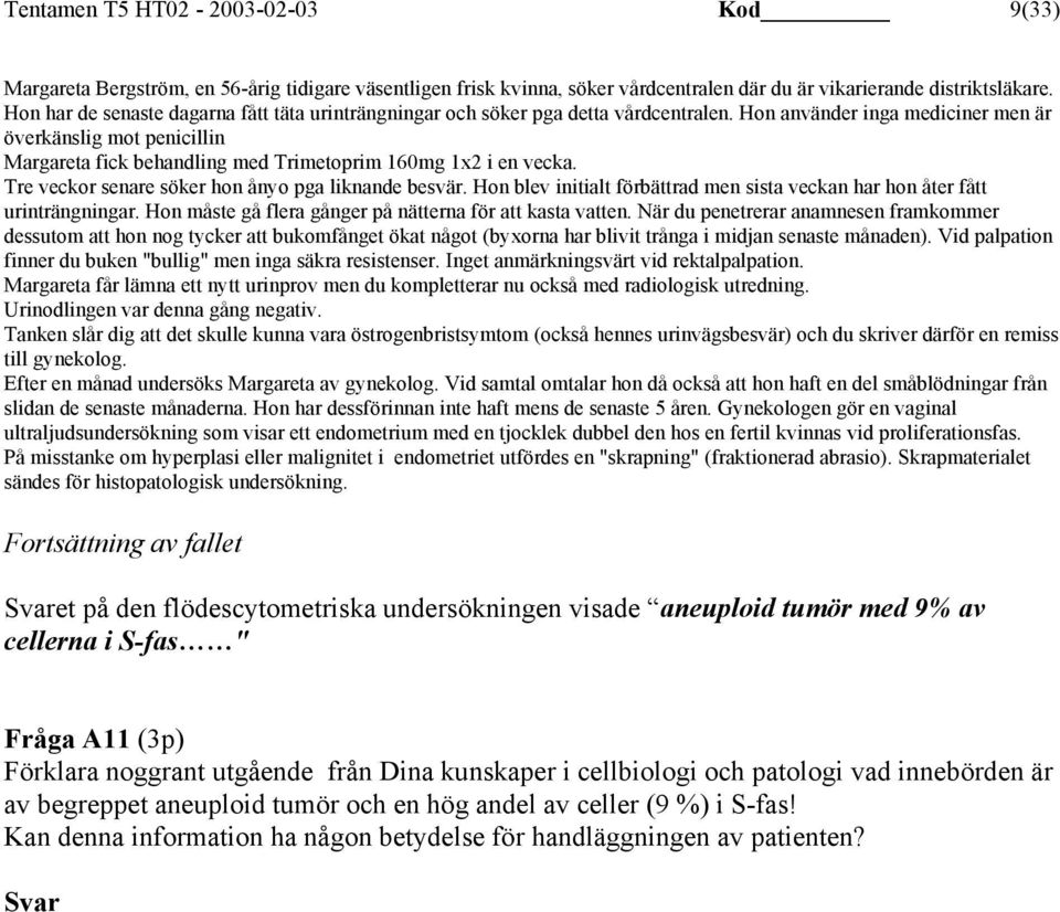 Hon använder inga mediciner men är överkänslig mot penicillin Margareta fick behandling med Trimetoprim 160mg 1x2 i en vecka. Tre veckor senare söker hon ånyo pga liknande besvär.