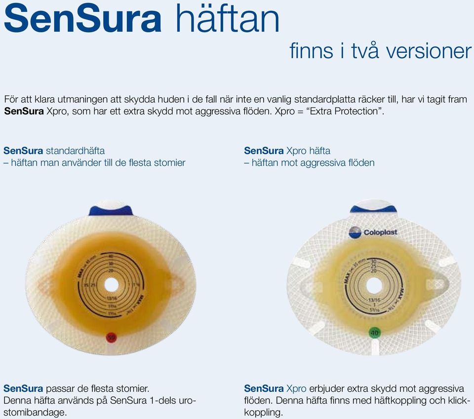 SenSura standardhäfta häftan man använder till de flesta stomier SenSura Xpro häfta häftan mot aggressiva flöden SenSura passar de flesta