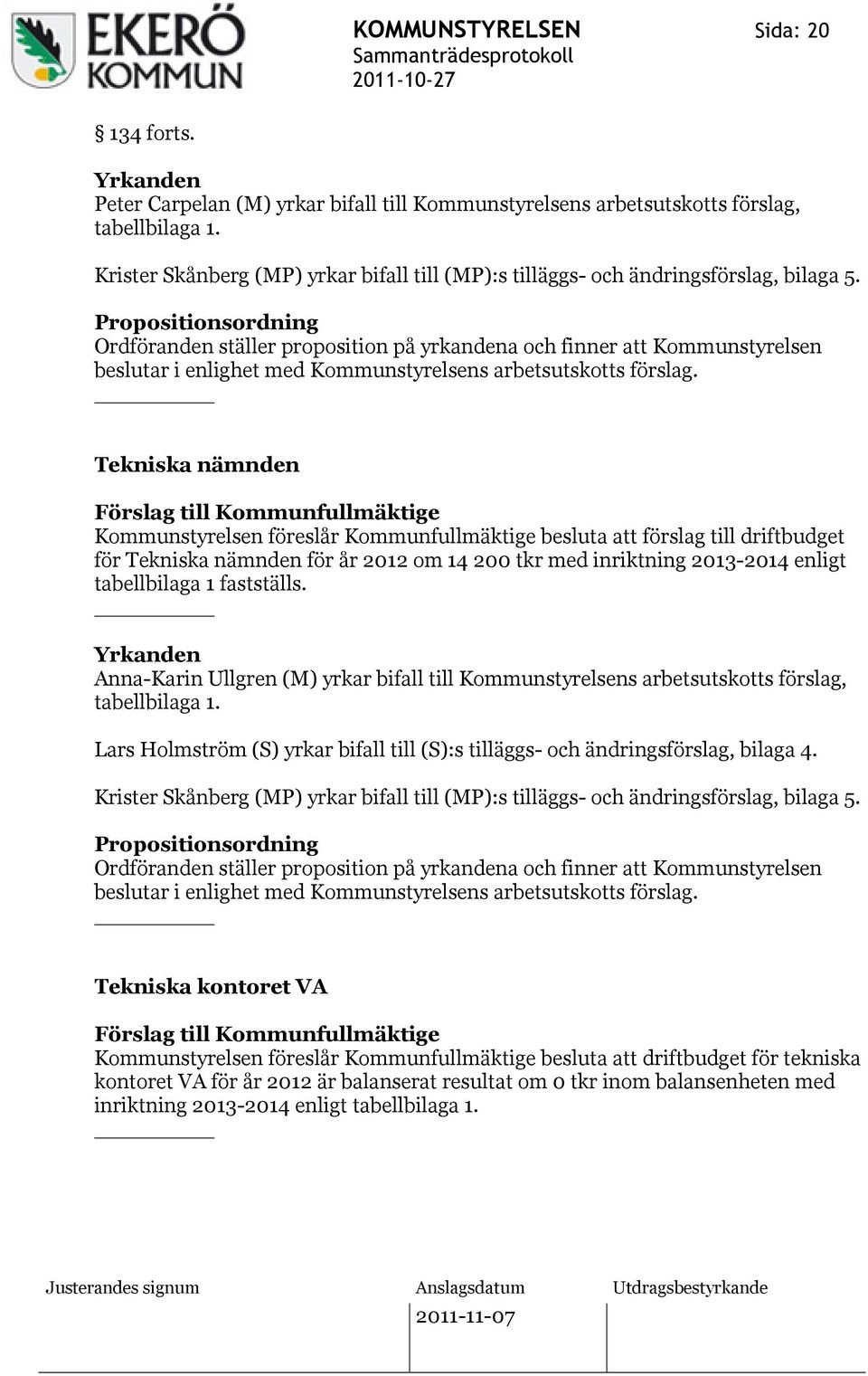 Propositionsordning Ordföranden ställer proposition på yrkandena och finner att Kommunstyrelsen beslutar i enlighet med Kommunstyrelsens arbetsutskotts förslag.