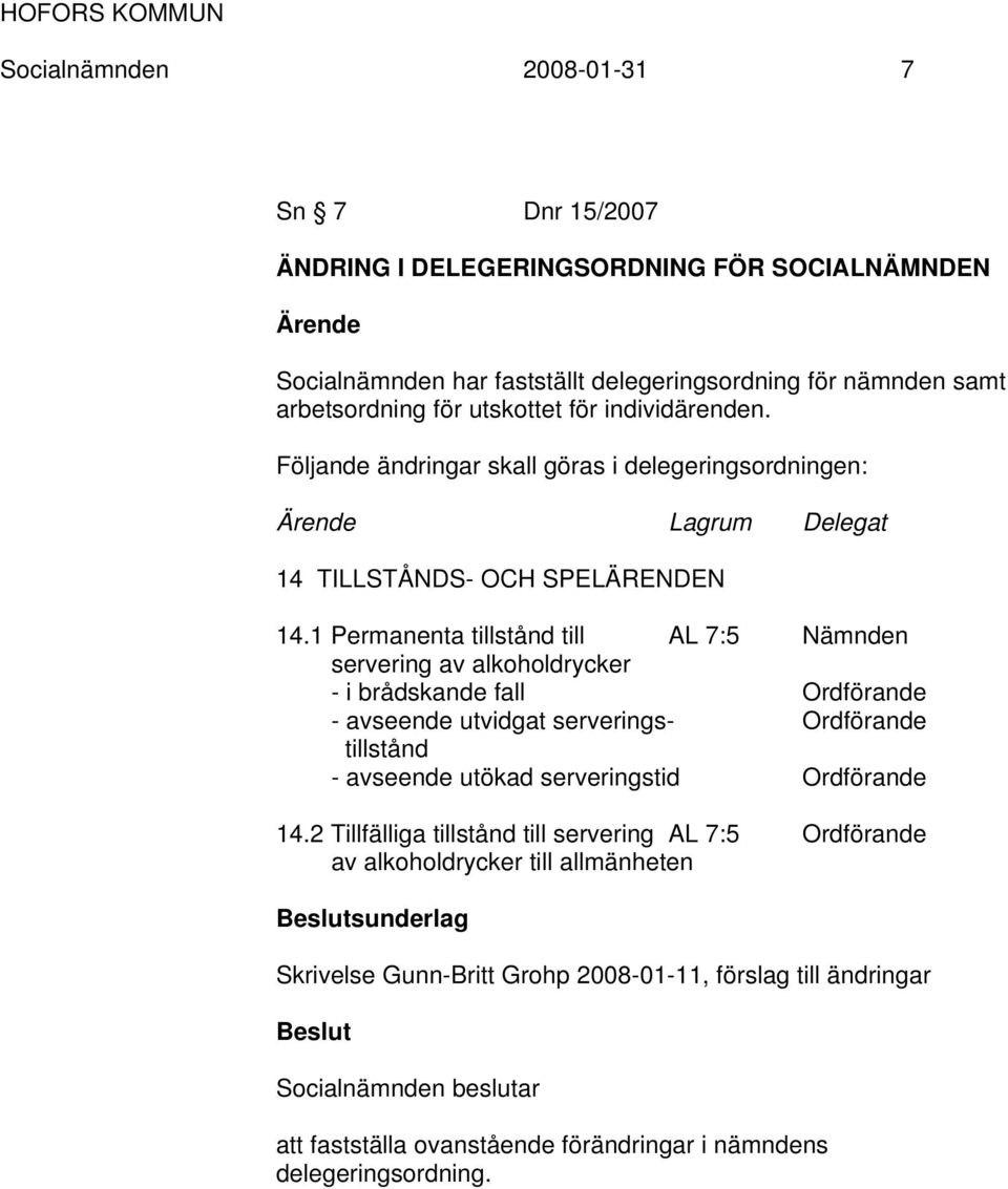 1 Permanenta tillstånd till AL 7:5 Nämnden servering av alkoholdrycker - i brådskande fall Ordförande - avseende utvidgat serverings- Ordförande tillstånd - avseende utökad