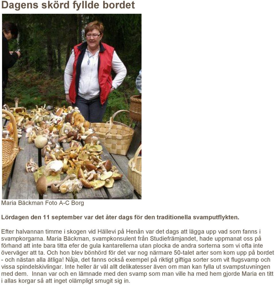 Maria Bäckman, svampkonsulent från Studiefrämjandet, hade uppmanat oss på förhand att inte bara titta efer de gula kantarellerna utan plocka de andra sorterna som vi ofta inte överväger att ta.