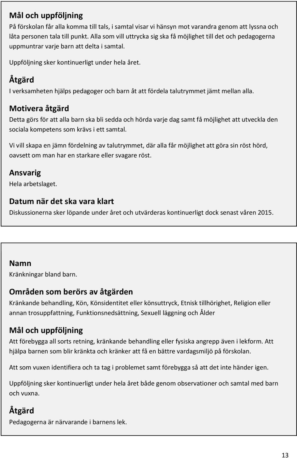 Åtgärd I verksamheten hjälps pedagoger och barn åt att fördela talutrymmet jämt mellan alla.