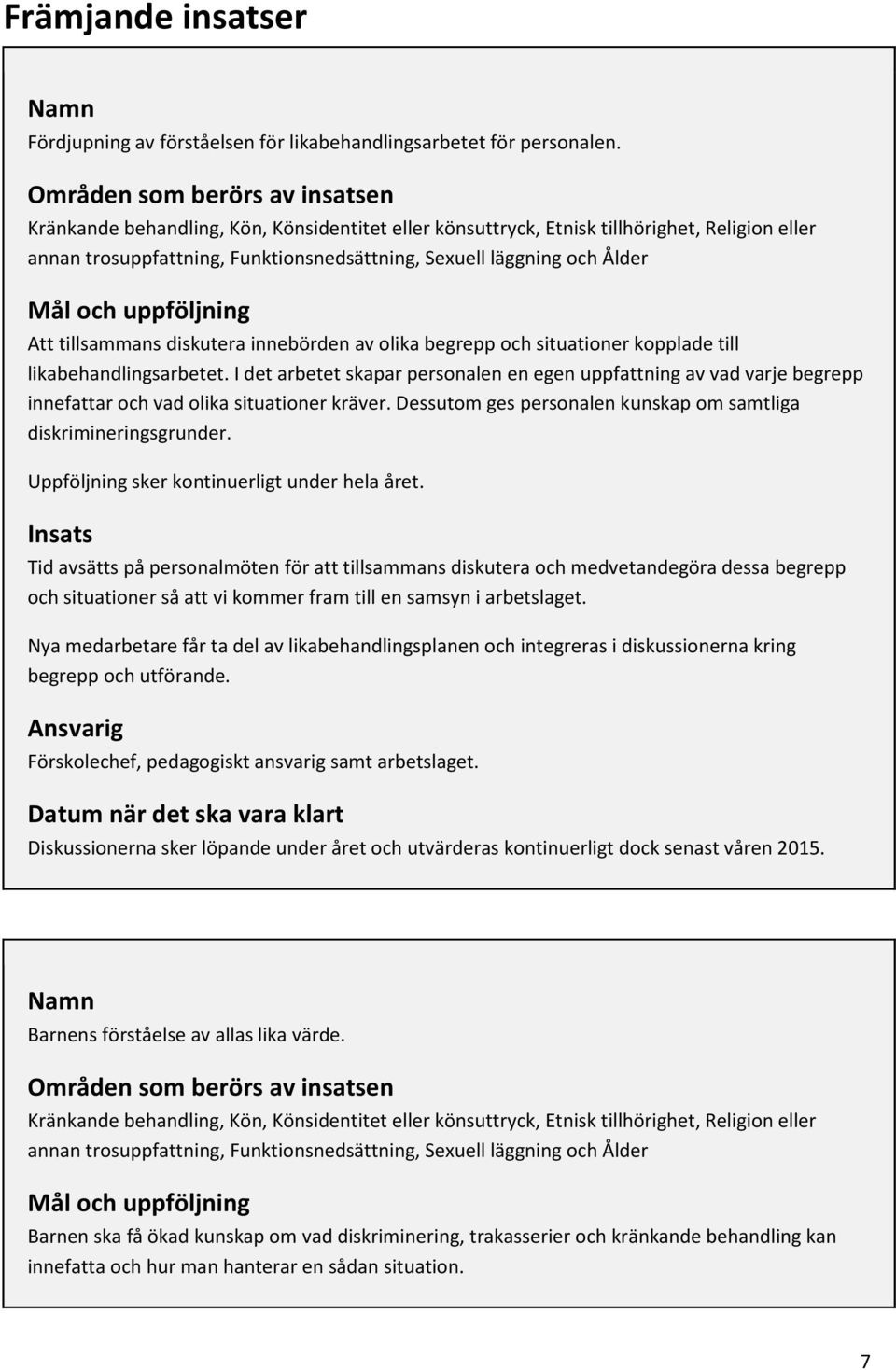 Mål och uppföljning Att tillsammans diskutera innebörden av olika begrepp och situationer kopplade till likabehandlingsarbetet.