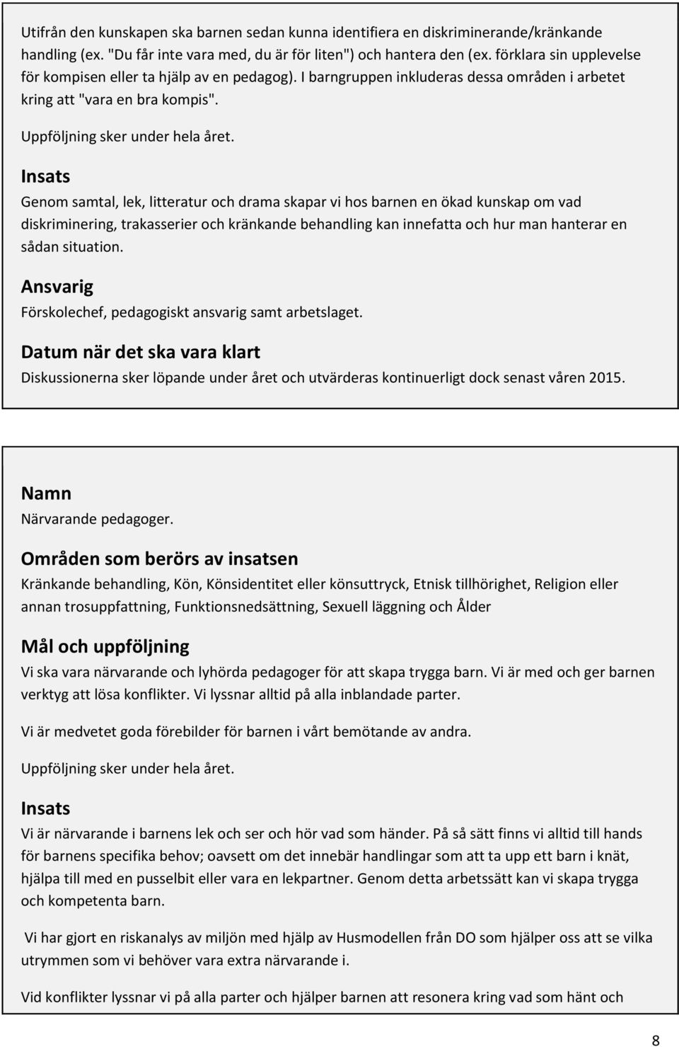 Insats Genom samtal, lek, litteratur och drama skapar vi hos barnen en ökad kunskap om vad diskriminering, trakasserier och kränkande behandling kan innefatta och hur man hanterar en sådan situation.