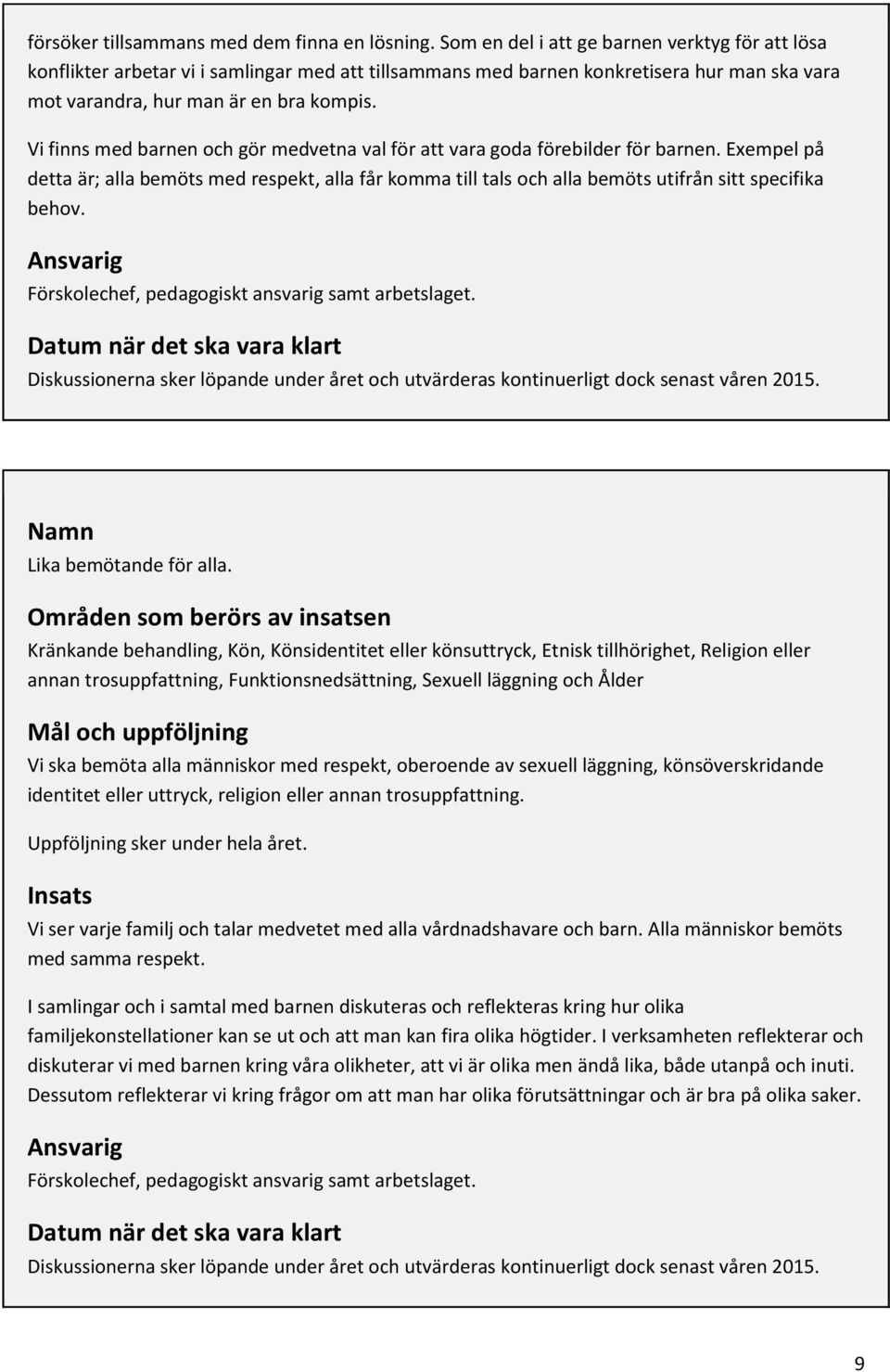 Vi finns med barnen och gör medvetna val för att vara goda förebilder för barnen. Exempel på detta är; alla bemöts med respekt, alla får komma till tals och alla bemöts utifrån sitt specifika behov.