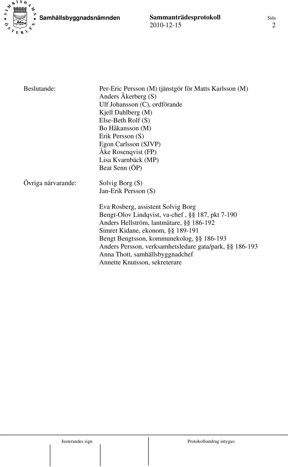 Jan-Erik Persson (S) Eva Rosberg, assistent Solvig Borg Bengt-Olov Lindqvist, va-chef, 187, pkt 7-190 Anders Hellström, lantmätare, 186-192 Simret Kidane,