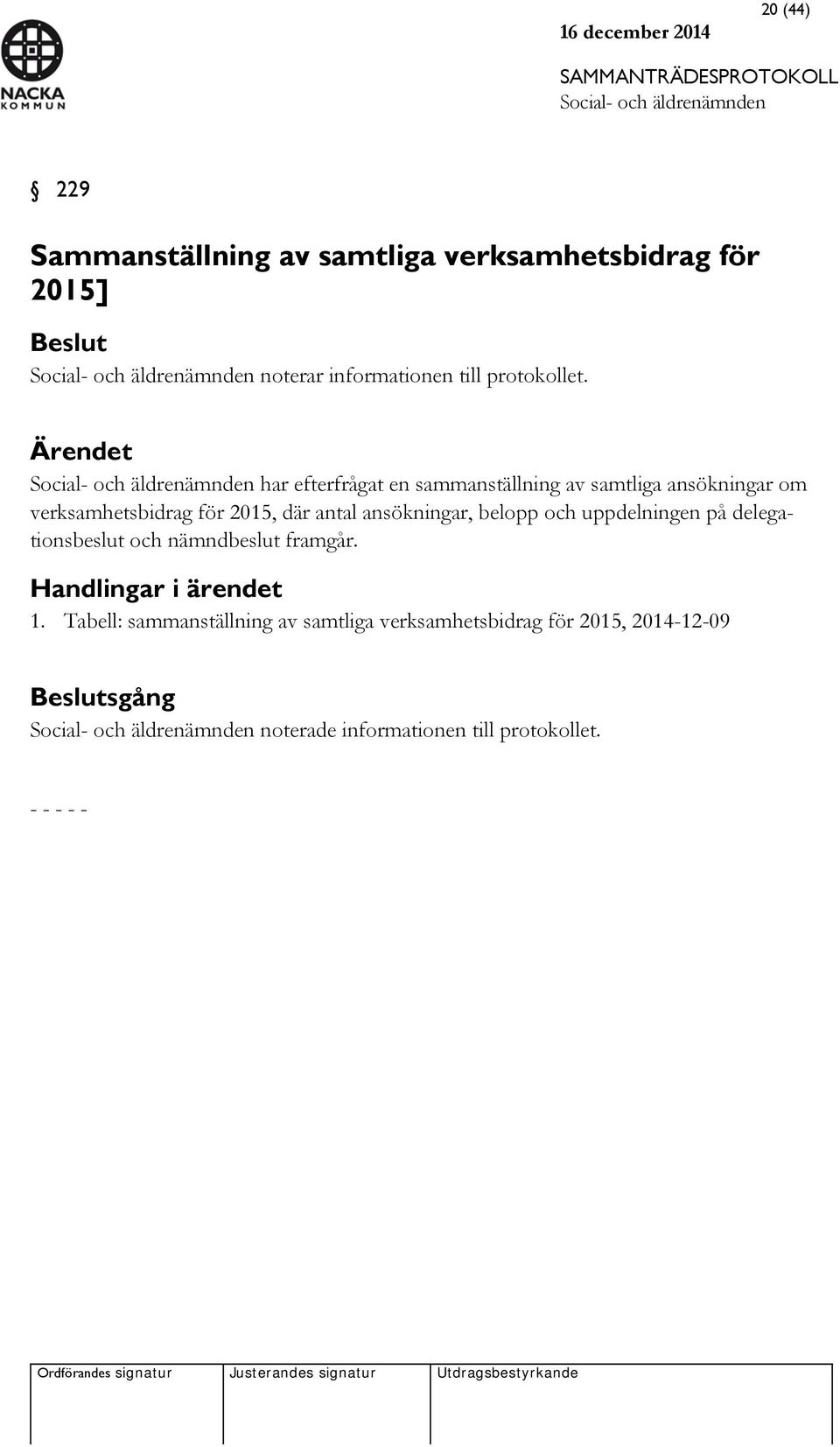 ansökningar, belopp och uppdelningen på delegationsbeslut och nämndbeslut framgår. Handlingar i ärendet 1.
