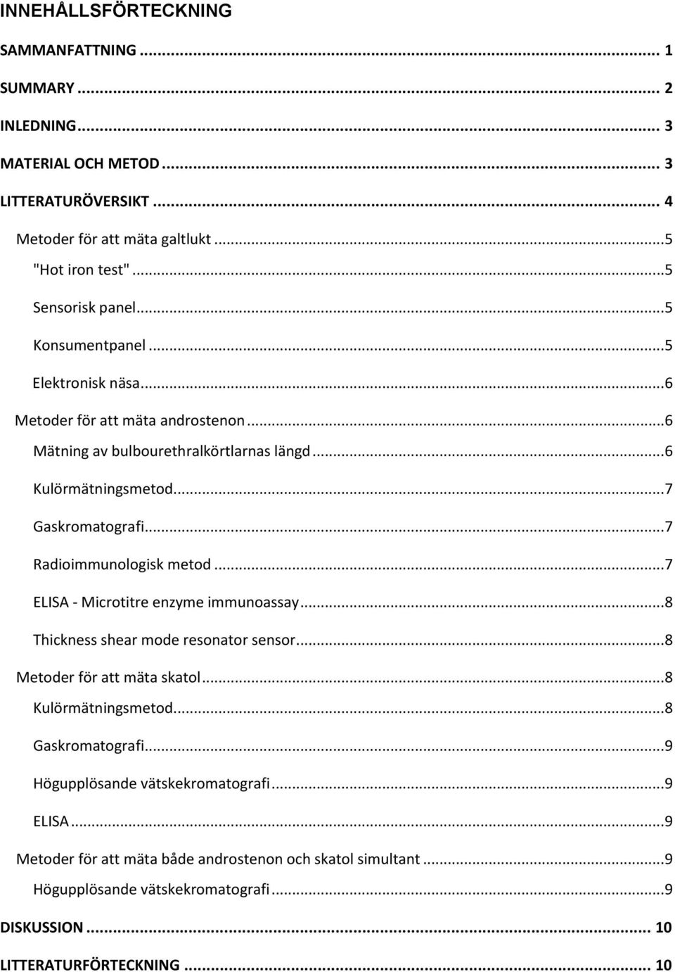 ..7 Radioimmunologisk metod...7 ELISA - Microtitre enzyme immunoassay...8 Thickness shear mode resonator sensor...8 Metoder för att mäta skatol...8 Kulörmätningsmetod.
