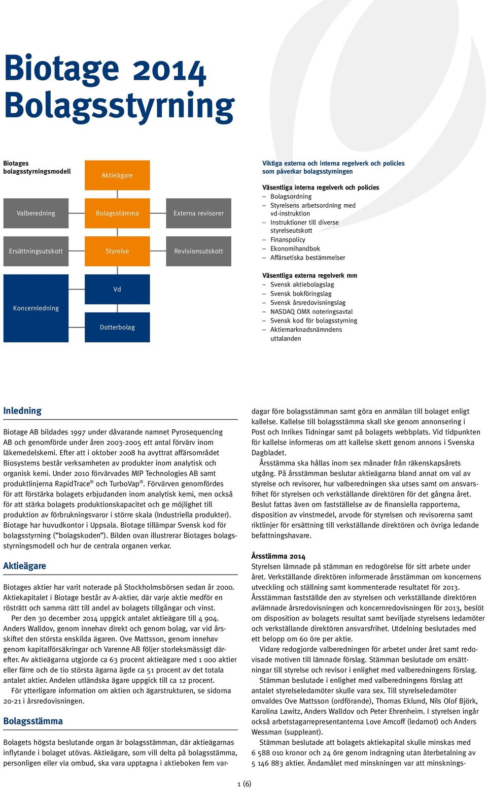 Affärsetiska bestämmelser Koncernledning Vd Dotterbolag Väsentliga externa regelverk mm Svensk aktiebolagslag Svensk bokföringslag Svensk årsredovisningslag NASDAQ OMX noteringsavtal Svensk kod för