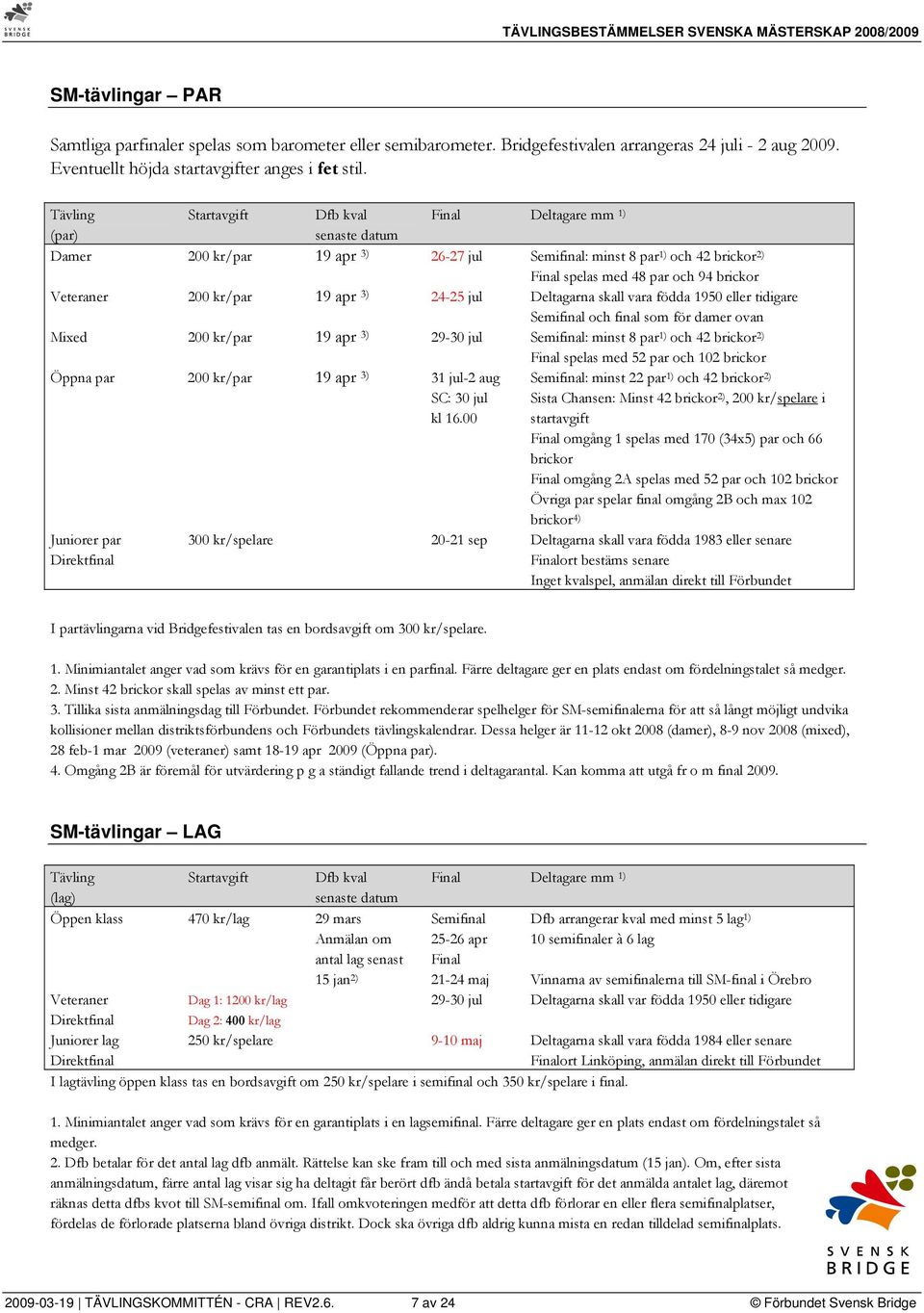 Veteraner 200 kr/par 19 apr 3) 24-25 jul Deltagarna skall vara födda 1950 eller tidigare Semifinal och final som för damer ovan Mixed 200 kr/par 19 apr 3) 29-30 jul Semifinal: minst 8 par 1) och 42