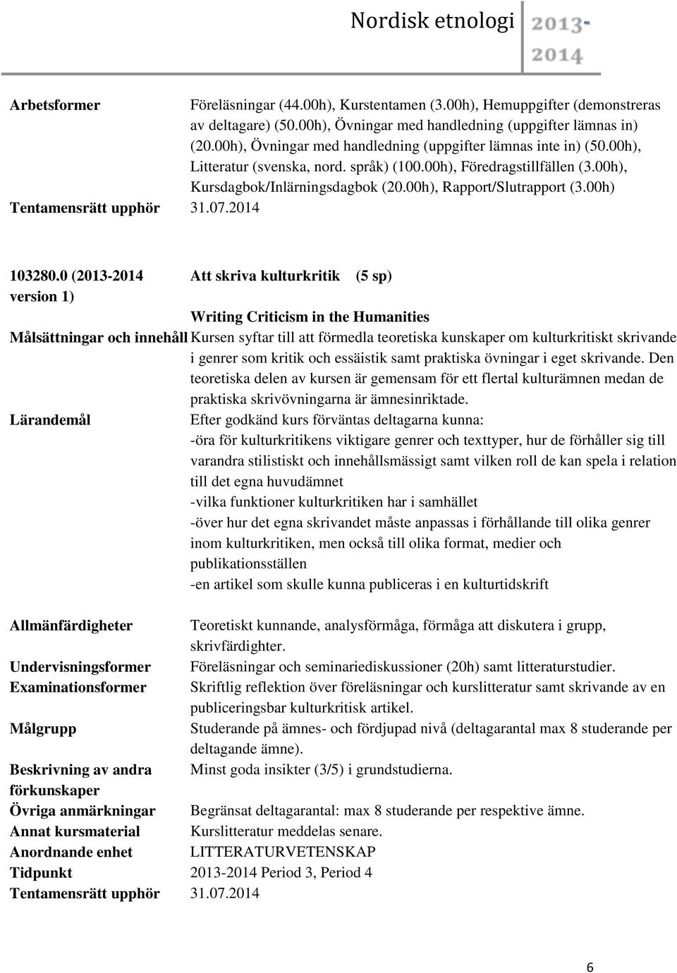 00h), Rapport/Slutrapport (3.00h) 103280.