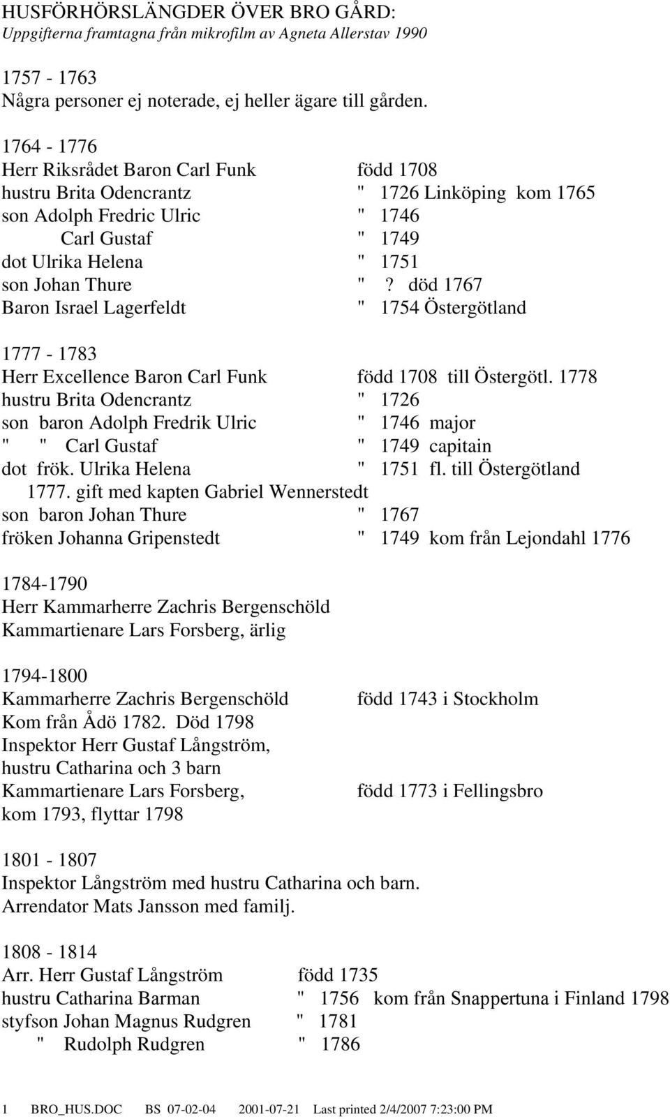 död 1767 Baron Israel Lagerfeldt " 1754 Östergötland 1777-1783 Herr Excellence Baron Carl Funk född 1708 till Östergötl.