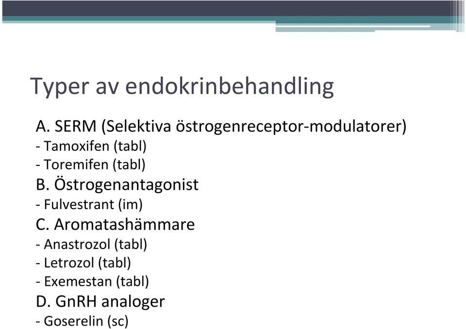 Toremifen (tabl) B. Östrogenantagonist Fulvestrant (im) C.