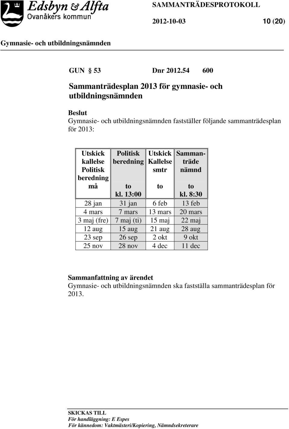 Politisk beredning Utskick Kallelse smtr Sammanträde nämnd to kl. 13:00 to to kl.