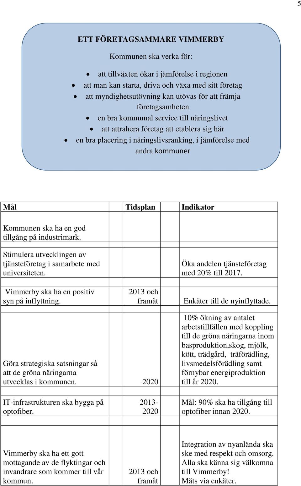 tillgång på industrimark. Stimulera utvecklingen av tjänsteföretag i samarbete med universiteten. Vimmerby ska ha en positiv syn på inflyttning.