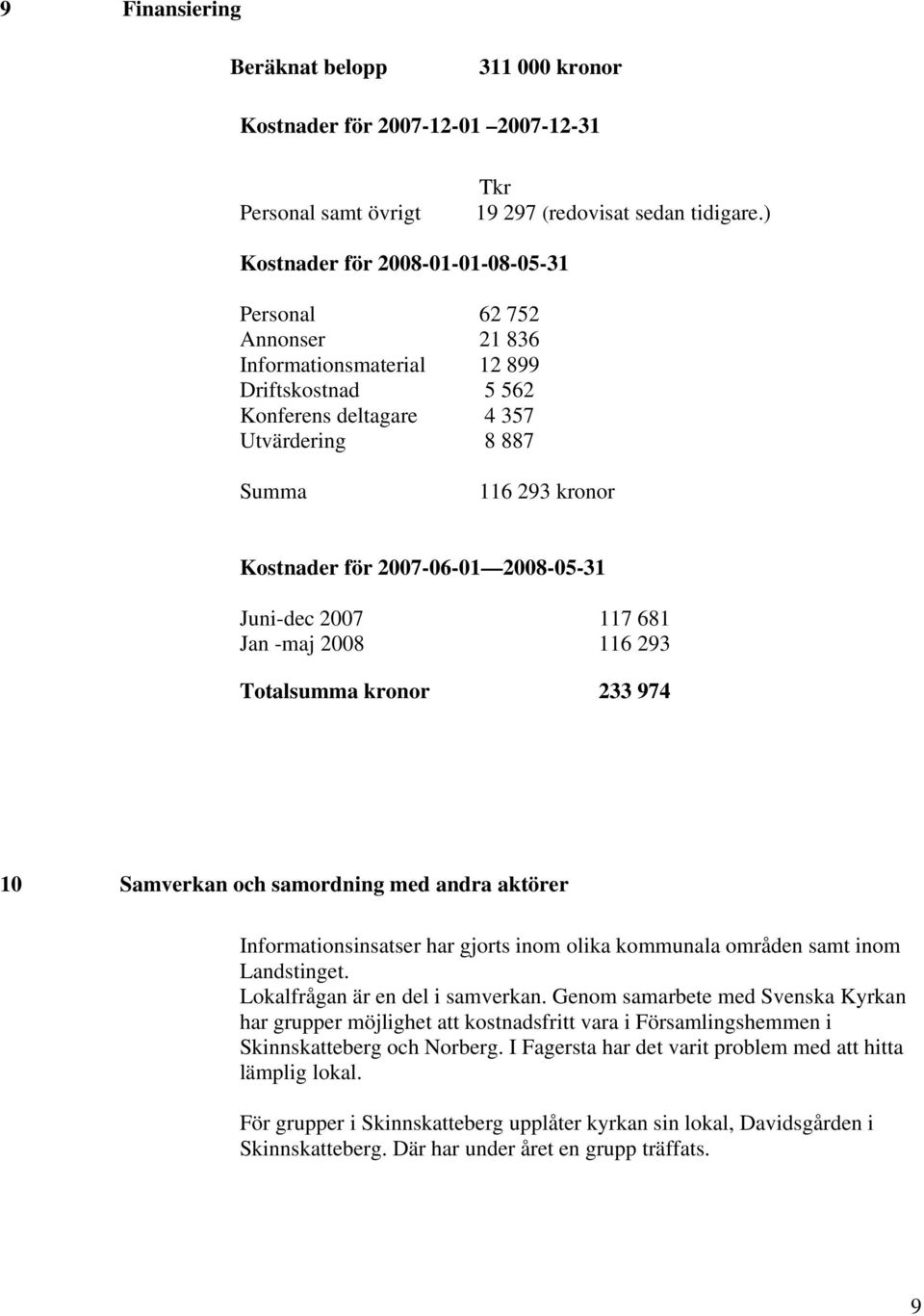 2007-06-01 2008-05-31 Juni-dec 2007 117 681 Jan -maj 2008 116 293 Totalsumma kronor 233 974 10 Samverkan och samordning med andra aktörer Informationsinsatser har gjorts inom olika kommunala områden