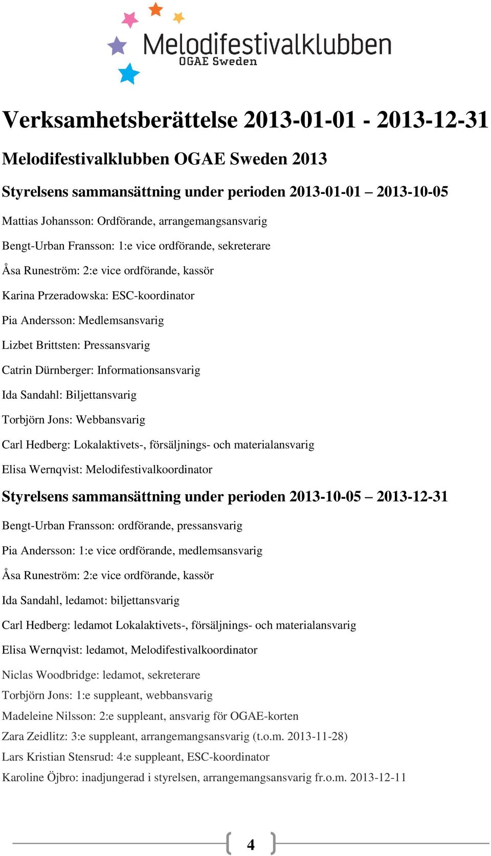 Catrin Dürnberger: Informationsansvarig Ida Sandahl: Biljettansvarig Torbjörn Jons: Webbansvarig Carl Hedberg: Lokalaktivets-, försäljnings- och materialansvarig Elisa Wernqvist: