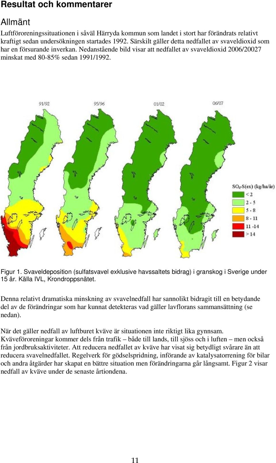 Svaveldeposition (sulfatsvavel exklusive havssaltets bidrag) i granskog i Sverige under 15 år. Källa IVL, Krondroppsnätet.