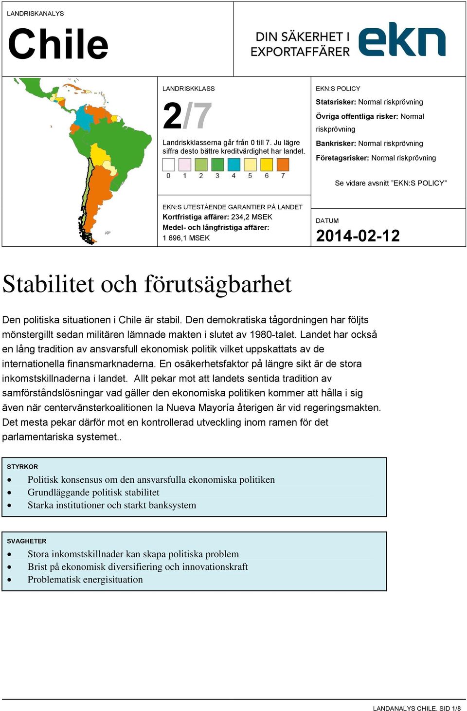 UTESTÅENDE GARANTIER PÅ LANDET Kortfristiga affärer: 234,2 MSEK Medel- och långfristiga affärer: 1 696,1 MSEK Stabilitet och förutsägbarhet Den politiska situationen i är stabil.