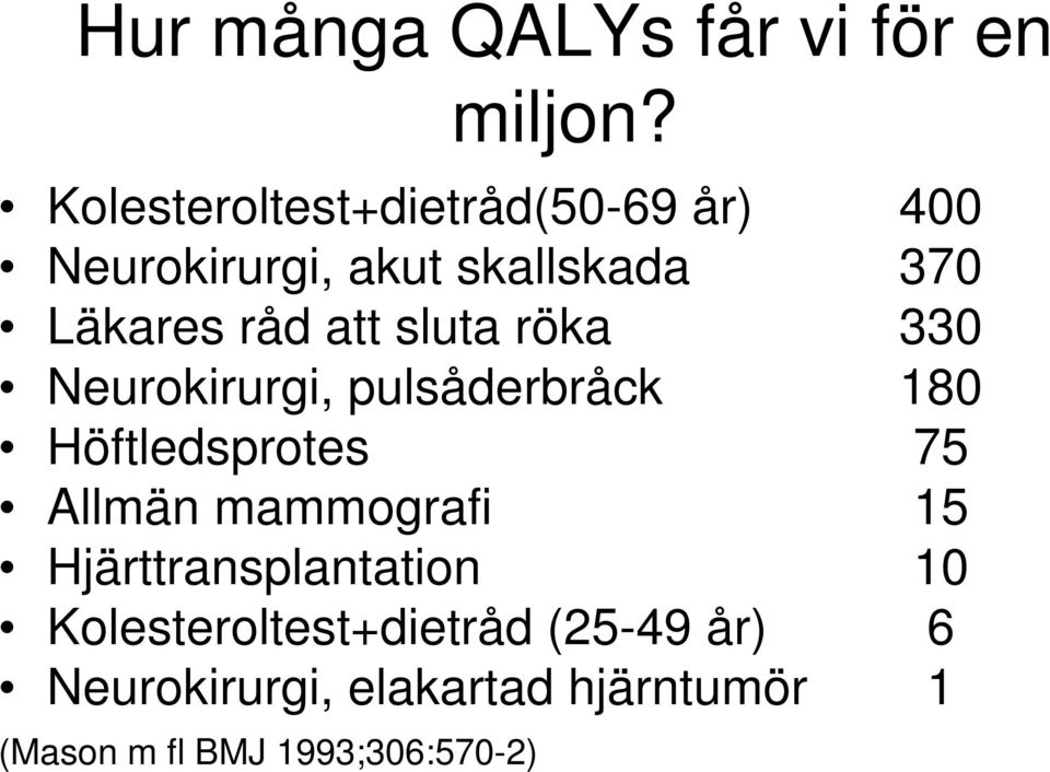 att sluta röka 330 Neurokirurgi, pulsåderbråck 180 Höftledsprotes 75 Allmän